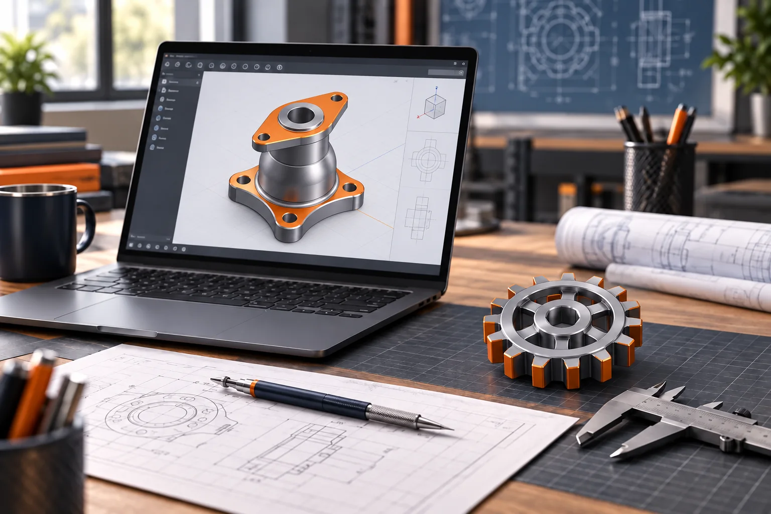 CAD learning workspace showing a three-lobed flange model on screen and a spur gear on the desk